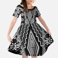 Aotearoa Tukutuku and Poutama Motif Classic Family Matching Summer Maxi Dress and Hawaiian Shirt LT03 Daughter's Dress Gray - Polynesian Pride