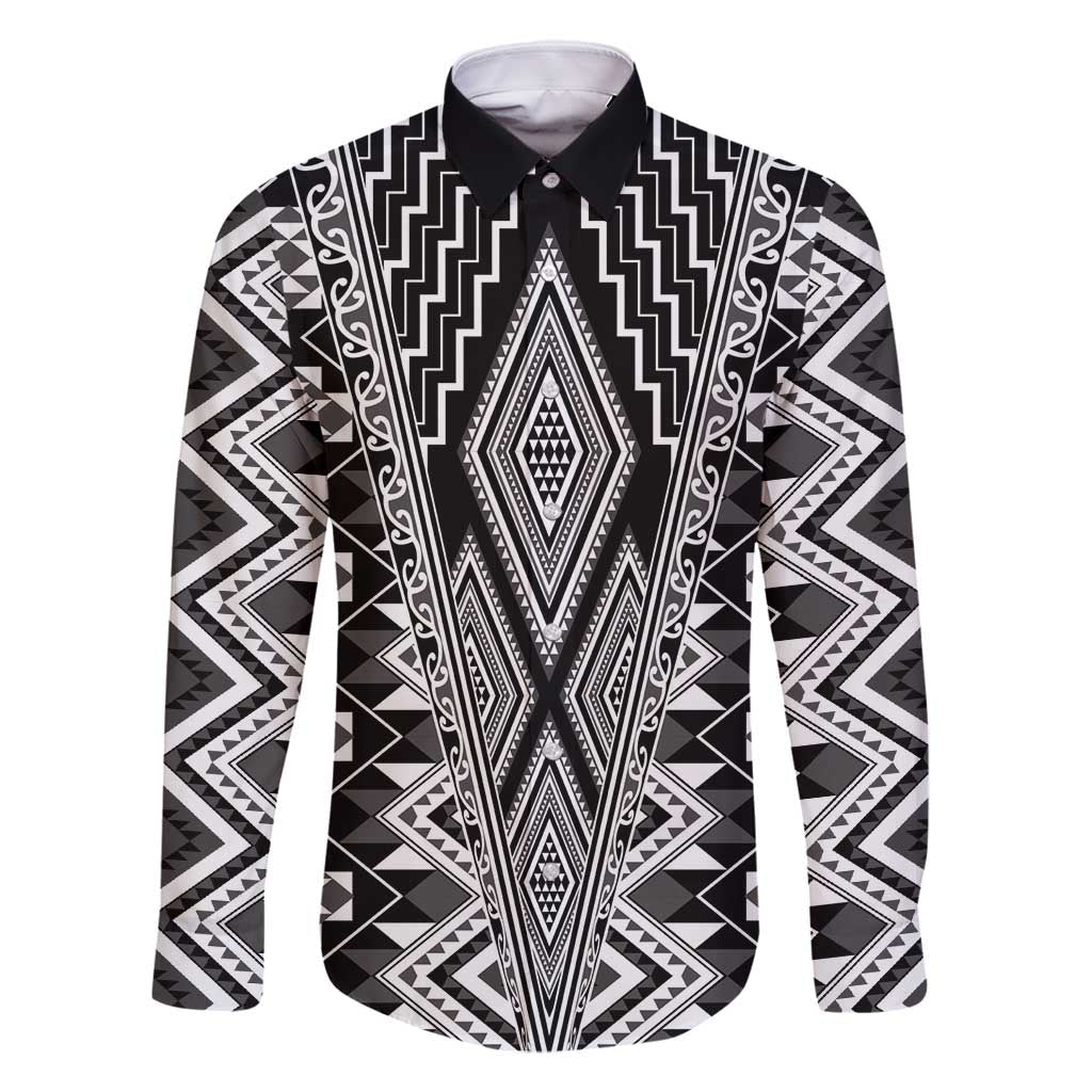Aotearoa Tukutuku and Poutama Motif Classic Family Matching Tank Maxi Dress and Hawaiian Shirt LT03 Dad's Shirt - Long Sleeve Gray - Polynesian Pride