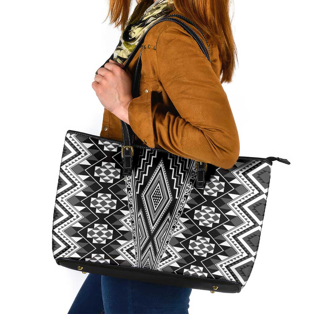 Aotearoa Tukutuku and Poutama Motif Classic Leather Tote Bag LT03 Gray - Polynesian Pride