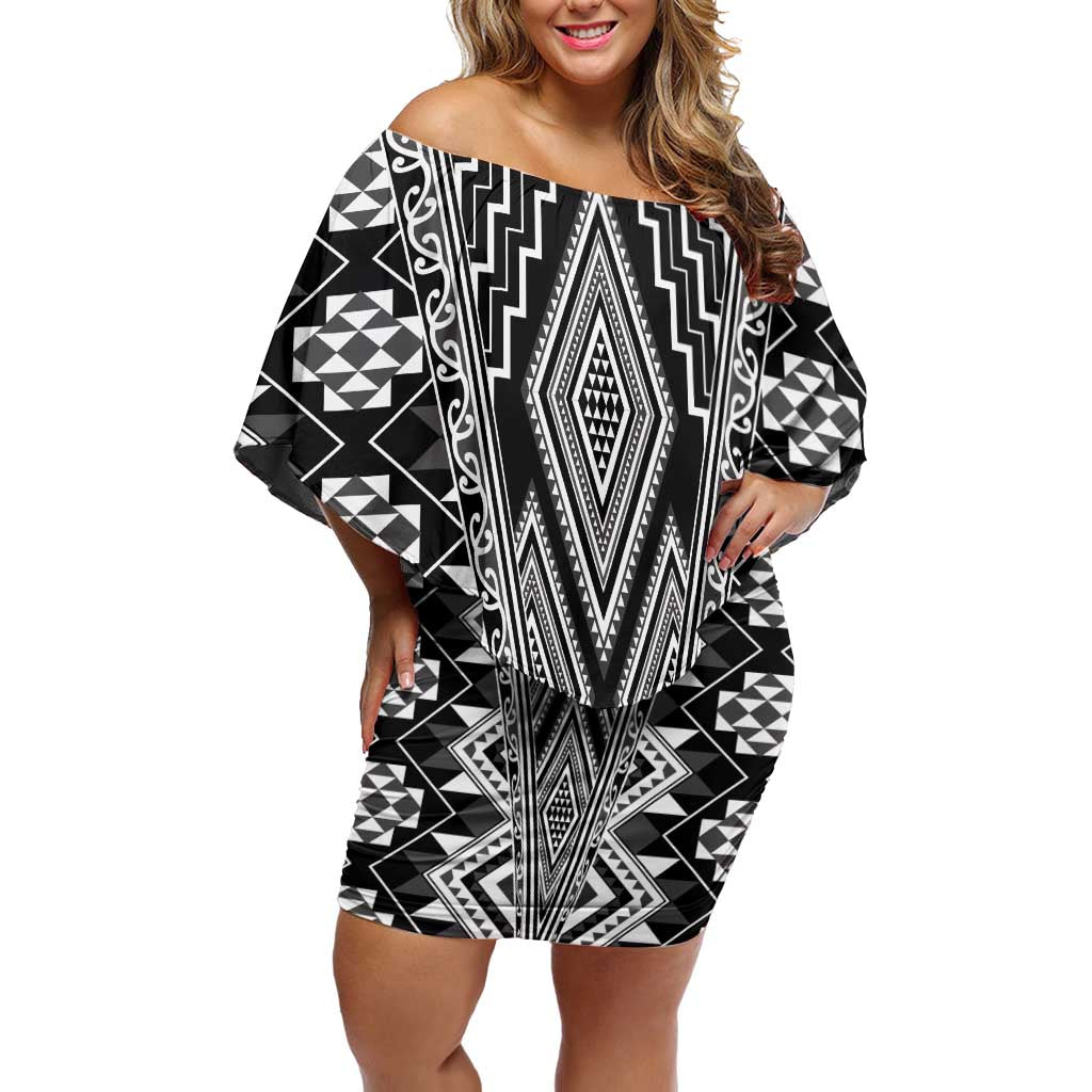 Aotearoa Tukutuku and Poutama Motif Classic Off Shoulder Short Dress LT03 Women Gray - Polynesian Pride