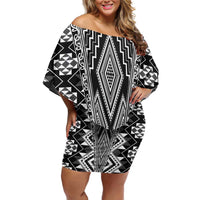 Aotearoa Tukutuku and Poutama Motif Classic Off Shoulder Short Dress LT03 Women Gray - Polynesian Pride