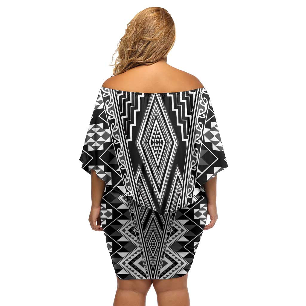 Aotearoa Tukutuku and Poutama Motif Classic Off Shoulder Short Dress LT03 - Polynesian Pride
