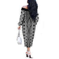 Aotearoa Tukutuku and Poutama Motif Classic Off The Shoulder Long Sleeve Dress