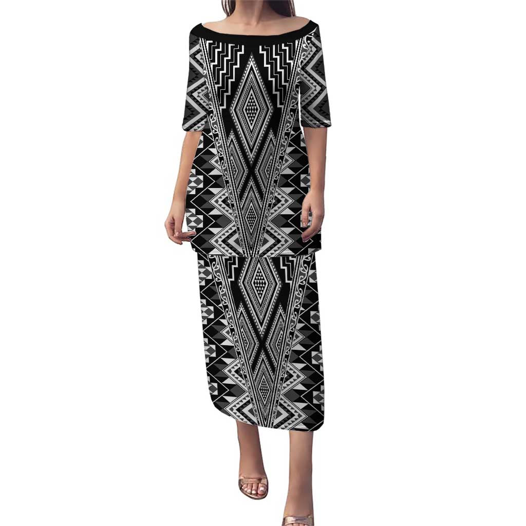 Aotearoa Tukutuku and Poutama Motif Classic Puletasi LT03 Long Dress Gray - Polynesian Pride