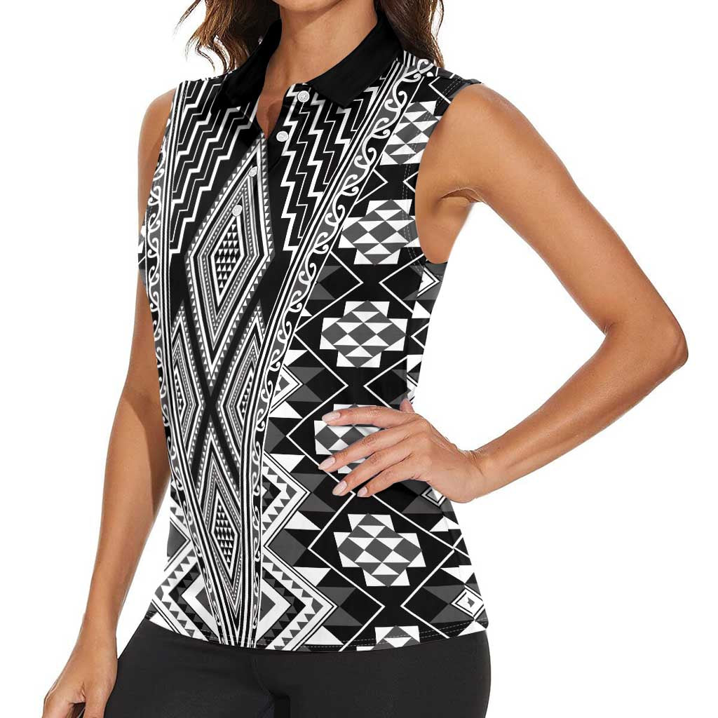 Aotearoa Tukutuku and Poutama Motif Classic Women Sleeveless Polo Shirt LT03 - Polynesian Pride