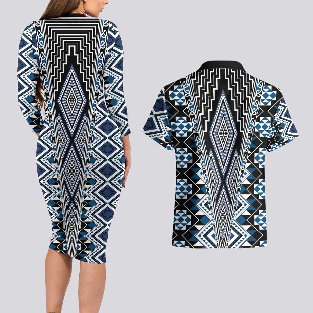 Blue Aotearoa Tukutuku and Poutama Motif Couples Matching Long Sleeve Bodycon Dress and Hawaiian Shirt LT03 - Polynesian Pride