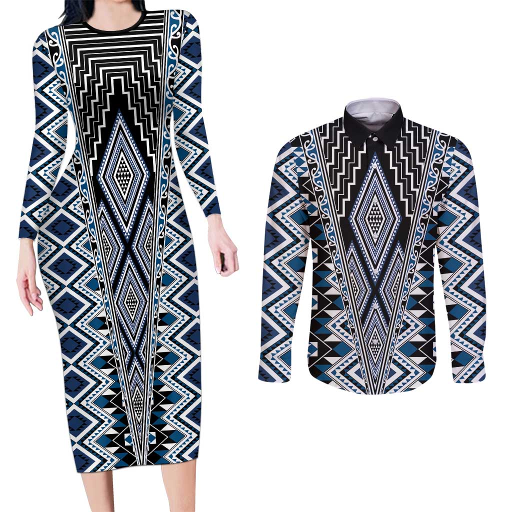 Blue Aotearoa Tukutuku and Poutama Motif Couples Matching Long Sleeve Bodycon Dress and Long Sleeve Button Shirt LT03 Blue - Polynesian Pride