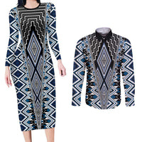 Blue Aotearoa Tukutuku and Poutama Motif Couples Matching Long Sleeve Bodycon Dress and Long Sleeve Button Shirt LT03 Blue - Polynesian Pride