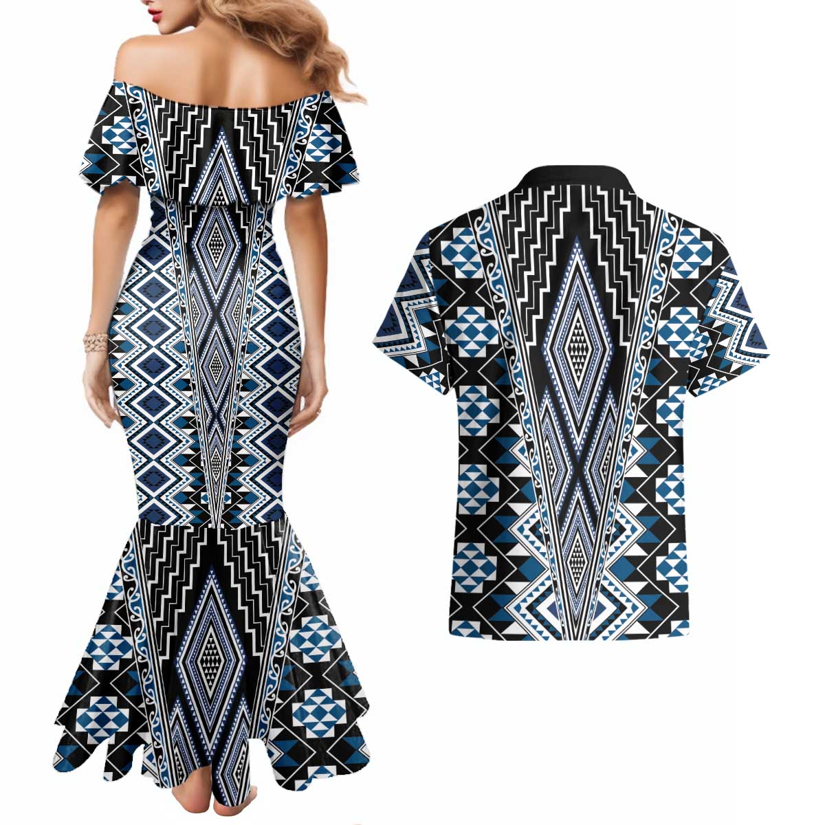 Blue Aotearoa Tukutuku and Poutama Motif Couples Matching Mermaid Dress and Hawaiian Shirt LT03 - Polynesian Pride
