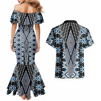 Blue Aotearoa Tukutuku and Poutama Motif Couples Matching Mermaid Dress and Hawaiian Shirt LT03 - Polynesian Pride