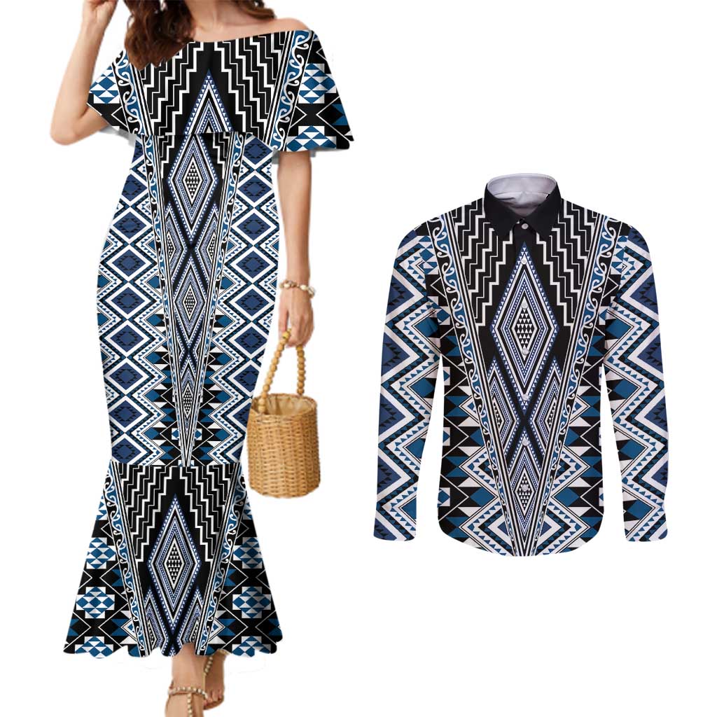 Blue Aotearoa Tukutuku and Poutama Motif Couples Matching Mermaid Dress and Long Sleeve Button Shirt LT03 Blue - Polynesian Pride