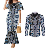 Blue Aotearoa Tukutuku and Poutama Motif Couples Matching Mermaid Dress and Long Sleeve Button Shirt LT03 Blue - Polynesian Pride