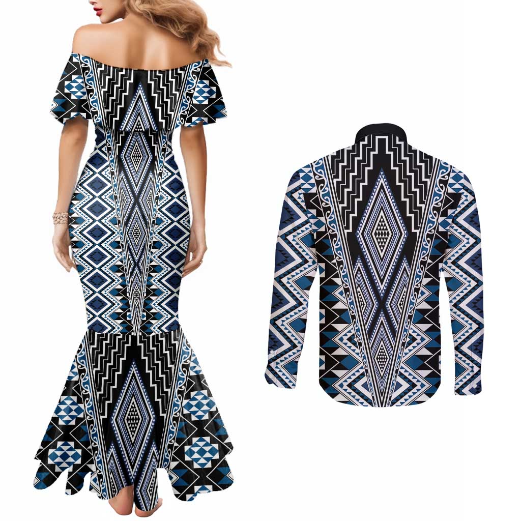 Blue Aotearoa Tukutuku and Poutama Motif Couples Matching Mermaid Dress and Long Sleeve Button Shirt LT03 - Polynesian Pride