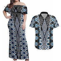 Blue Aotearoa Tukutuku and Poutama Motif Couples Matching Off Shoulder Maxi Dress and Hawaiian Shirt LT03 Blue - Polynesian Pride