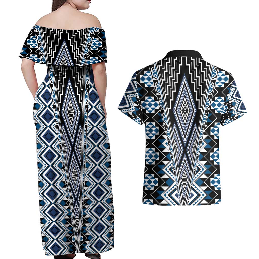 Blue Aotearoa Tukutuku and Poutama Motif Couples Matching Off Shoulder Maxi Dress and Hawaiian Shirt LT03 - Polynesian Pride
