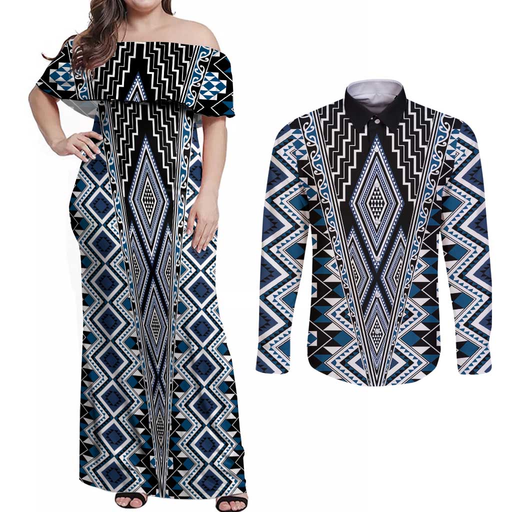 Blue Aotearoa Tukutuku and Poutama Motif Couples Matching Off Shoulder Maxi Dress and Long Sleeve Button Shirt LT03 Blue - Polynesian Pride