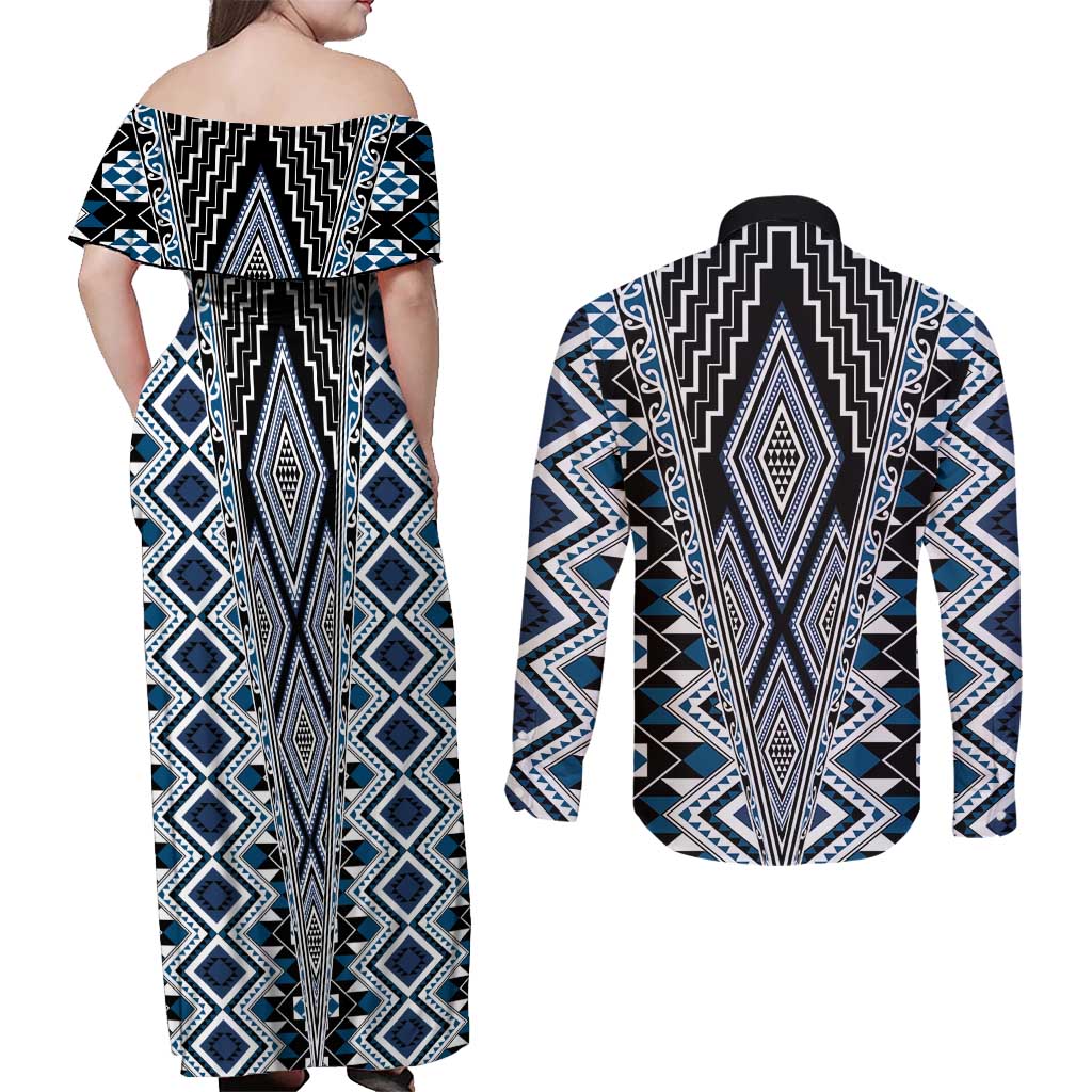 Blue Aotearoa Tukutuku and Poutama Motif Couples Matching Off Shoulder Maxi Dress and Long Sleeve Button Shirt LT03 - Polynesian Pride