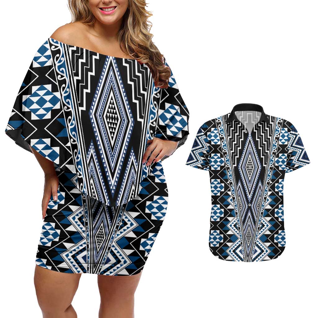 Blue Aotearoa Tukutuku and Poutama Motif Couples Matching Off Shoulder Short Dress and Hawaiian Shirt LT03 Blue - Polynesian Pride