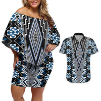 Blue Aotearoa Tukutuku and Poutama Motif Couples Matching Off Shoulder Short Dress and Hawaiian Shirt LT03 Blue - Polynesian Pride
