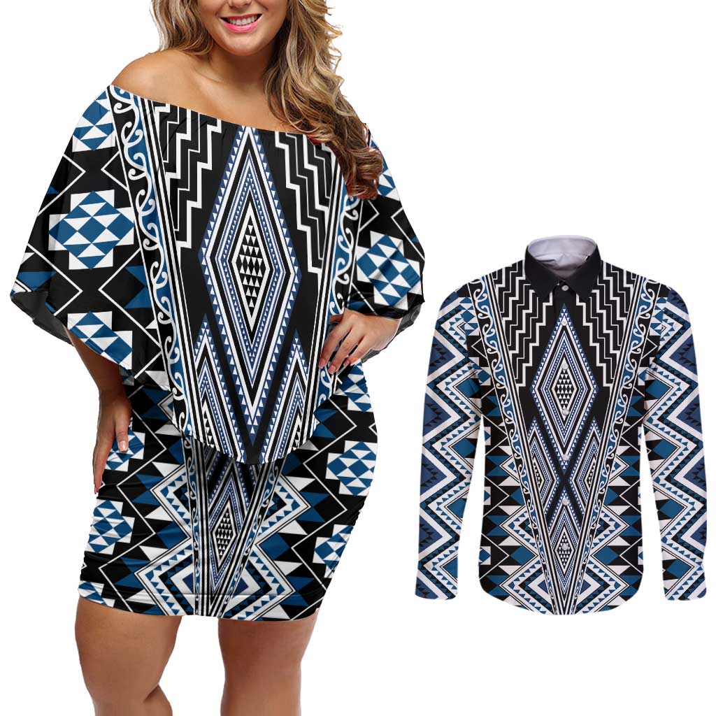 Blue Aotearoa Tukutuku and Poutama Motif Couples Matching Off Shoulder Short Dress and Long Sleeve Button Shirt LT03 Blue - Polynesian Pride