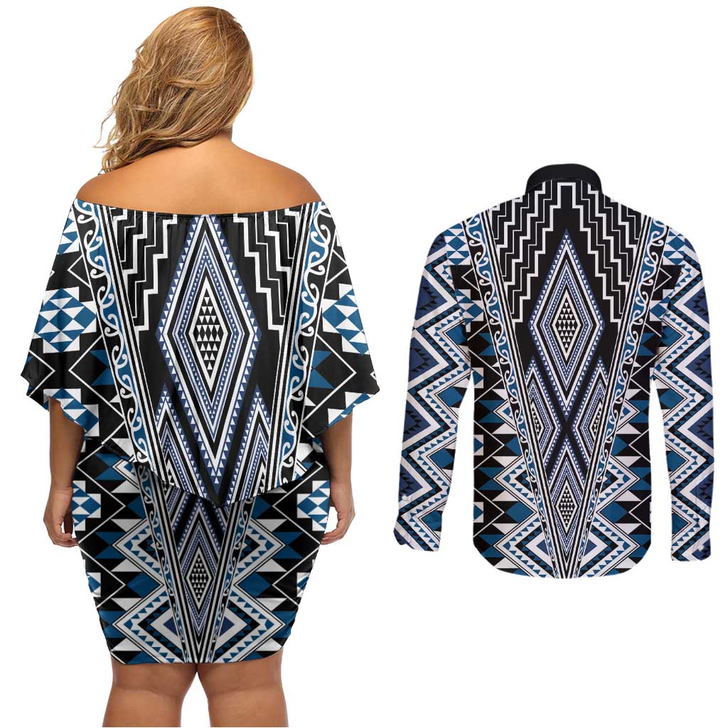 Blue Aotearoa Tukutuku and Poutama Motif Couples Matching Off Shoulder Short Dress and Long Sleeve Button Shirt LT03 - Polynesian Pride