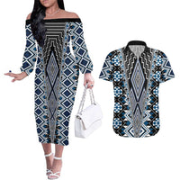 Blue Aotearoa Tukutuku and Poutama Motif Couples Matching Off The Shoulder Long Sleeve Dress and Hawaiian Shirt LT03 Blue - Polynesian Pride