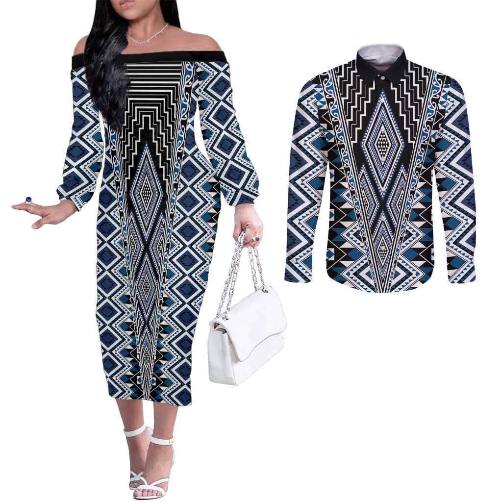 Blue Aotearoa Tukutuku and Poutama Motif Couples Matching Off The Shoulder Long Sleeve Dress and Long Sleeve Button Shirt LT03 Blue - Polynesian Pride