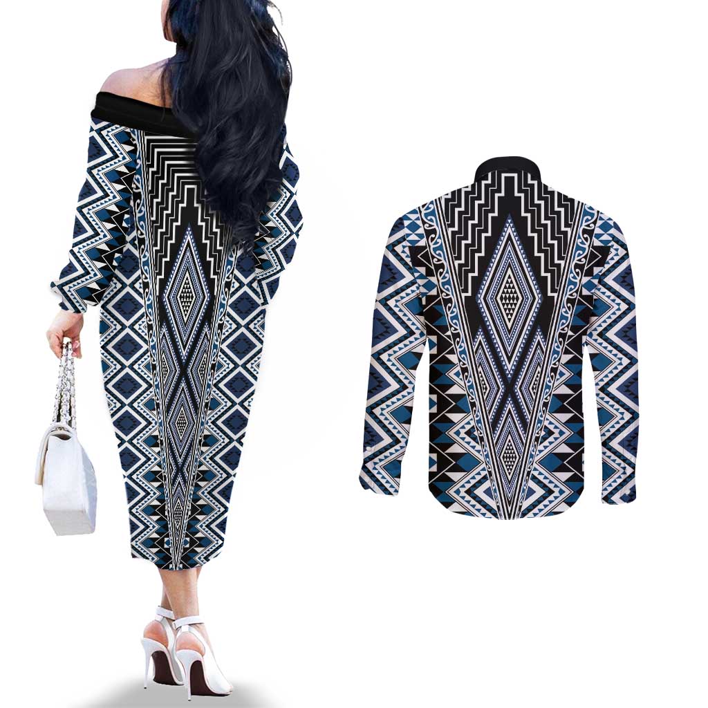 Blue Aotearoa Tukutuku and Poutama Motif Couples Matching Off The Shoulder Long Sleeve Dress and Long Sleeve Button Shirt LT03 - Polynesian Pride