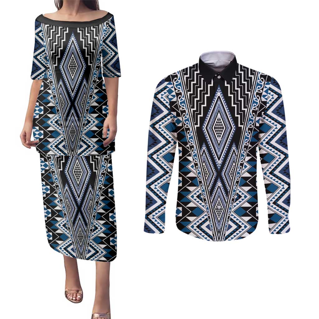 Blue Aotearoa Tukutuku and Poutama Motif Couples Matching Puletasi and Long Sleeve Button Shirt LT03 Blue - Polynesian Pride