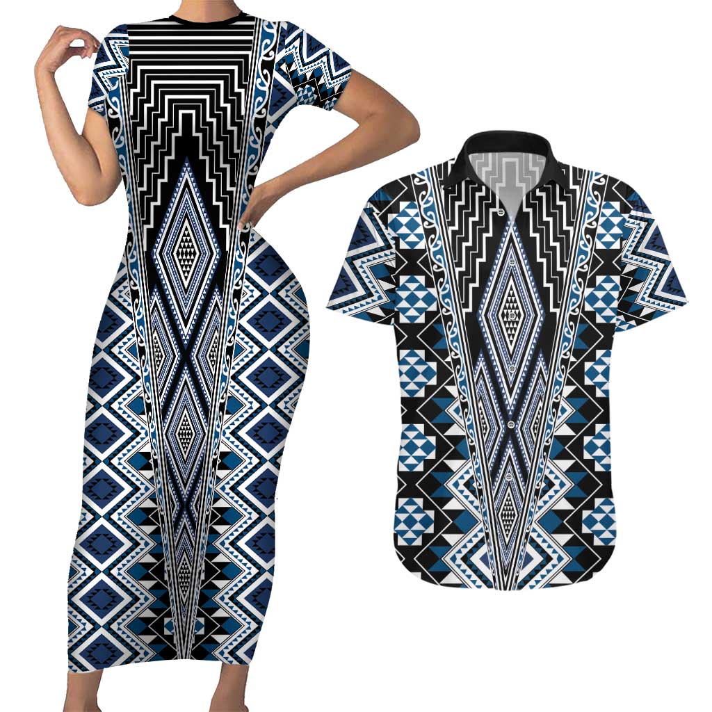 Blue Aotearoa Tukutuku and Poutama Motif Couples Matching Short Sleeve Bodycon Dress and Hawaiian Shirt LT03 Blue - Polynesian Pride