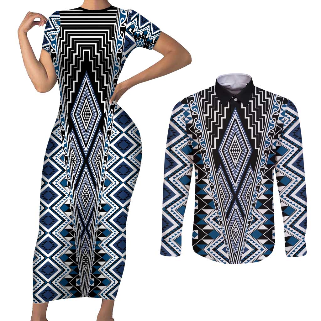 Blue Aotearoa Tukutuku and Poutama Motif Couples Matching Short Sleeve Bodycon Dress and Long Sleeve Button Shirt LT03 Blue - Polynesian Pride