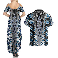 Blue Aotearoa Tukutuku and Poutama Motif Couples Matching Summer Maxi Dress and Hawaiian Shirt LT03 - Polynesian Pride