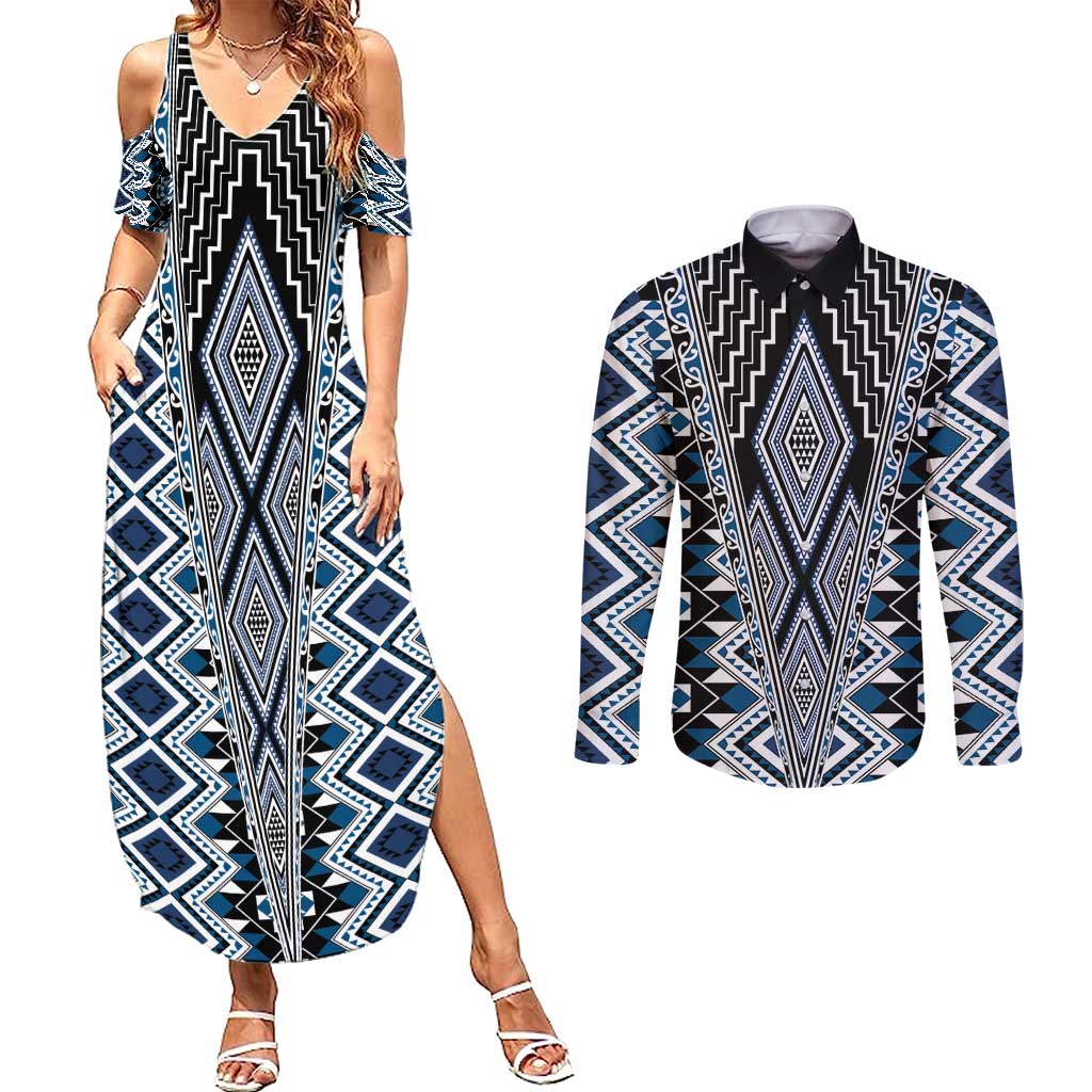 Blue Aotearoa Tukutuku and Poutama Motif Couples Matching Summer Maxi Dress and Long Sleeve Button Shirt LT03 Blue - Polynesian Pride