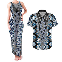 Blue Aotearoa Tukutuku and Poutama Motif Couples Matching Tank Maxi Dress and Hawaiian Shirt LT03 Blue - Polynesian Pride
