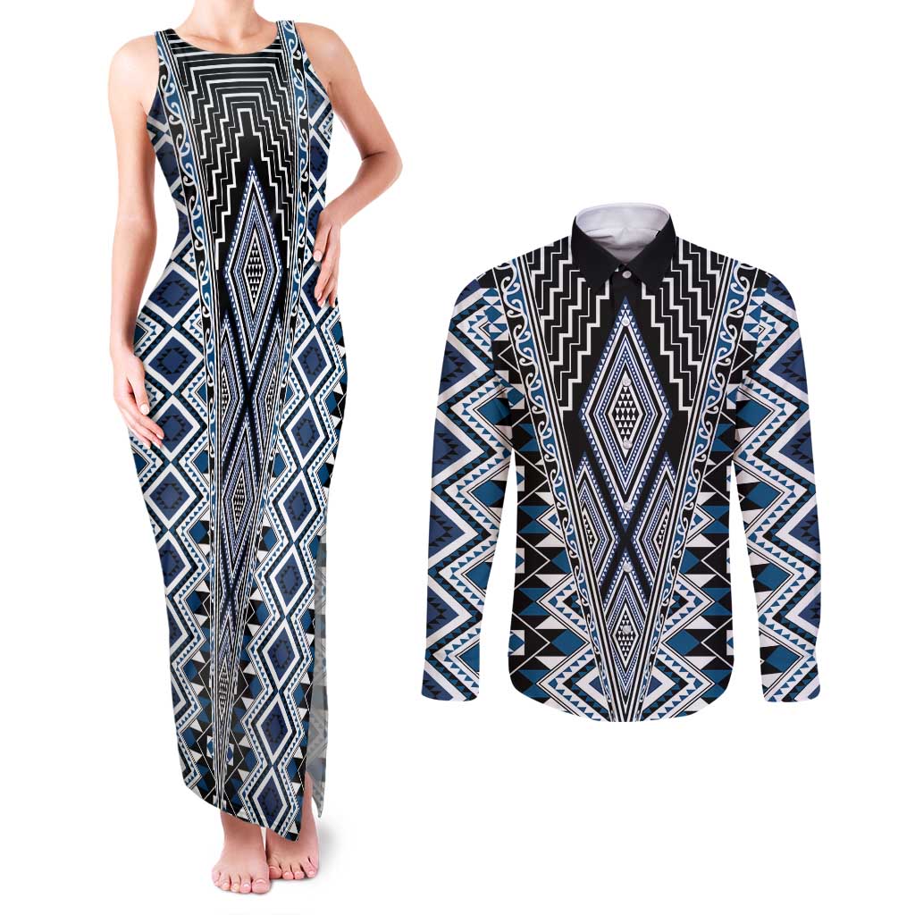 Blue Aotearoa Tukutuku and Poutama Motif Couples Matching Tank Maxi Dress and Long Sleeve Button Shirt LT03 Blue - Polynesian Pride