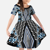 Blue Aotearoa Tukutuku and Poutama Motif Family Matching Long Sleeve Bodycon Dress and Hawaiian Shirt LT03 Daughter's Dress Blue - Polynesian Pride