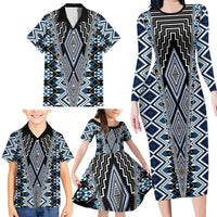 Blue Aotearoa Tukutuku and Poutama Motif Family Matching Long Sleeve Bodycon Dress and Hawaiian Shirt LT03 - Polynesian Pride