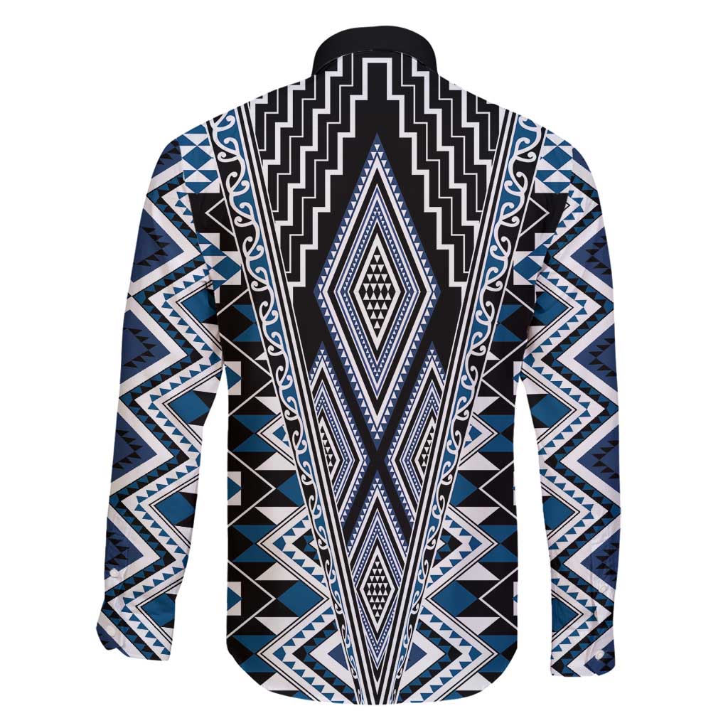 Blue Aotearoa Tukutuku and Poutama Motif Family Matching Long Sleeve Bodycon Dress and Hawaiian Shirt LT03 - Polynesian Pride