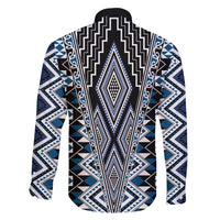 Blue Aotearoa Tukutuku and Poutama Motif Family Matching Long Sleeve Bodycon Dress and Hawaiian Shirt LT03 - Polynesian Pride