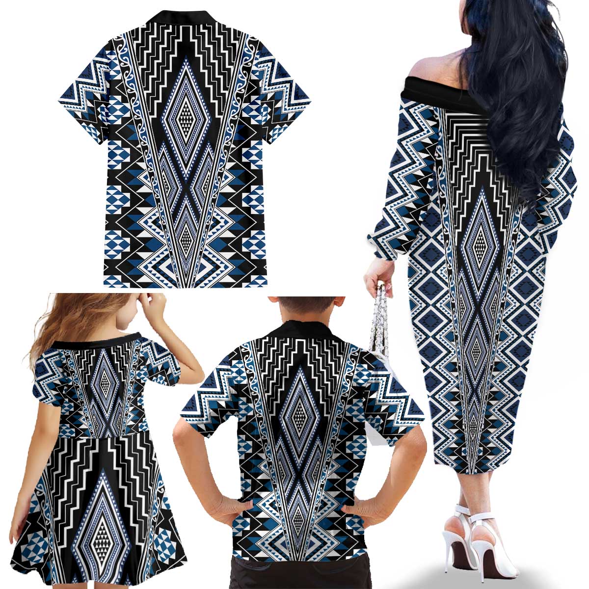 Blue Aotearoa Tukutuku and Poutama Motif Family Matching Off The Shoulder Long Sleeve Dress and Hawaiian Shirt LT03 - Polynesian Pride