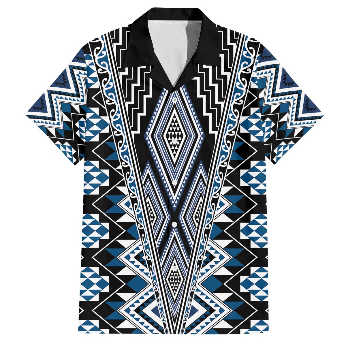 Blue Aotearoa Tukutuku and Poutama Motif Family Matching Off The Shoulder Long Sleeve Dress and Hawaiian Shirt LT03 Dad's Shirt - Short Sleeve Blue - Polynesian Pride