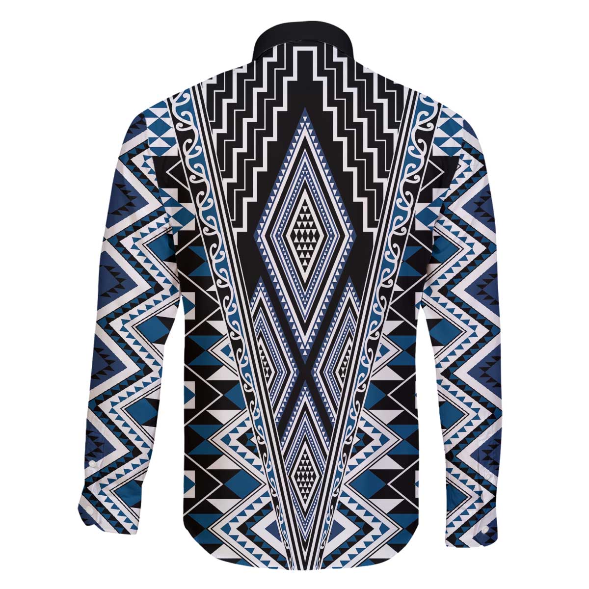 Blue Aotearoa Tukutuku and Poutama Motif Family Matching Off The Shoulder Long Sleeve Dress and Hawaiian Shirt LT03 - Polynesian Pride