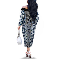 Blue Aotearoa Tukutuku and Poutama Motif Family Matching Off The Shoulder Long Sleeve Dress and Hawaiian Shirt LT03 - Polynesian Pride