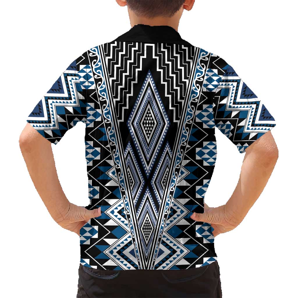 Blue Aotearoa Tukutuku and Poutama Motif Family Matching Off Shoulder Maxi Dress and Hawaiian Shirt LT03 - Polynesian Pride