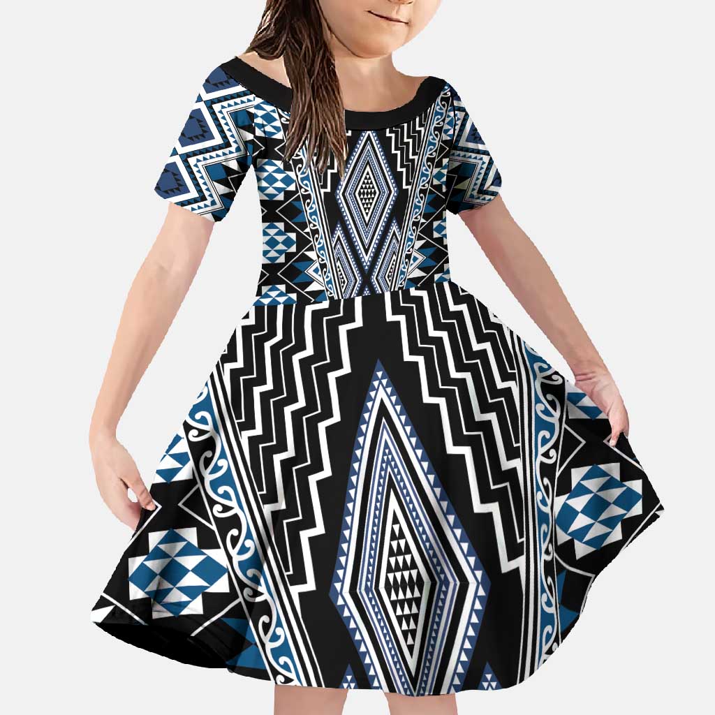 Blue Aotearoa Tukutuku and Poutama Motif Family Matching Off Shoulder Maxi Dress and Hawaiian Shirt LT03 Daughter's Dress Blue - Polynesian Pride