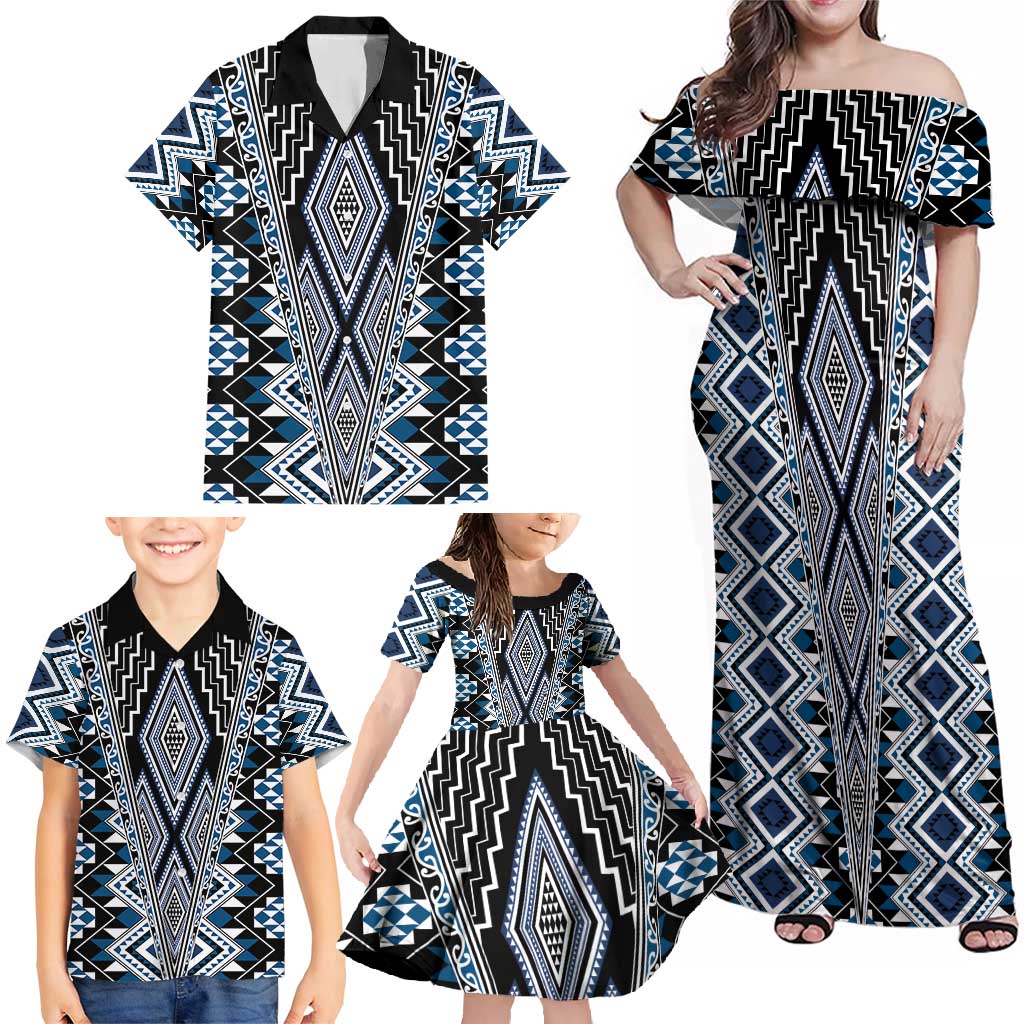 Blue Aotearoa Tukutuku and Poutama Motif Family Matching Off Shoulder Maxi Dress and Hawaiian Shirt LT03 - Polynesian Pride