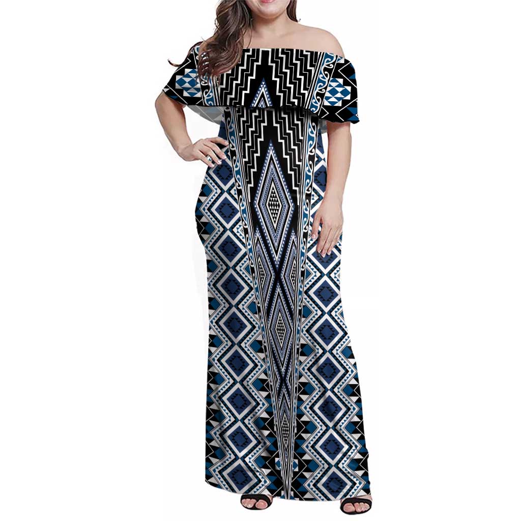 Blue Aotearoa Tukutuku and Poutama Motif Family Matching Off Shoulder Maxi Dress and Hawaiian Shirt LT03 Mom's Dress Blue - Polynesian Pride