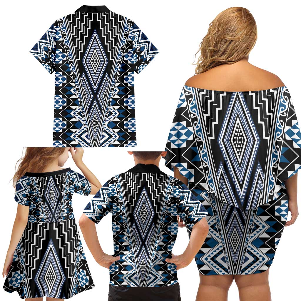 Blue Aotearoa Tukutuku and Poutama Motif Family Matching Off Shoulder Short Dress and Hawaiian Shirt LT03 - Polynesian Pride
