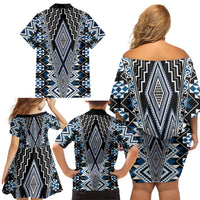 Blue Aotearoa Tukutuku and Poutama Motif Family Matching Off Shoulder Short Dress and Hawaiian Shirt LT03 - Polynesian Pride
