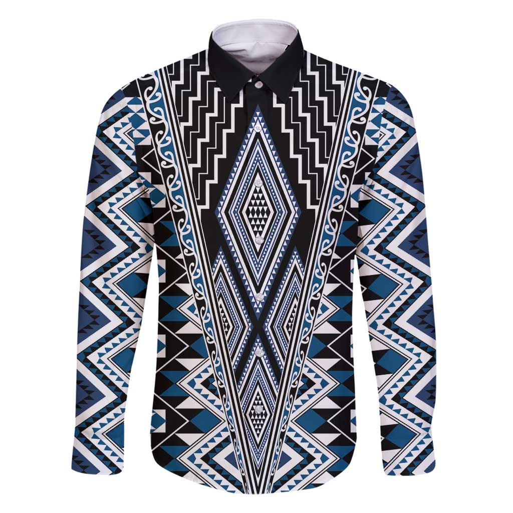 Blue Aotearoa Tukutuku and Poutama Motif Family Matching Off Shoulder Short Dress and Hawaiian Shirt LT03 Dad's Shirt - Long Sleeve Blue - Polynesian Pride
